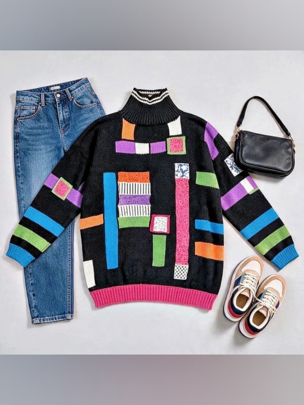Esprit Sport Geometric Turtleneck Sweater Black Multicolor